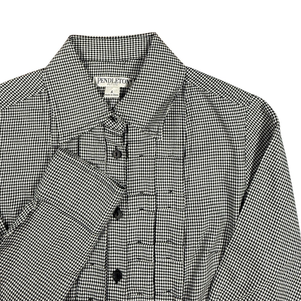 Pendleton Petite Houndstooth Pleated Tuxedo Button Down Shirt Black White 4P